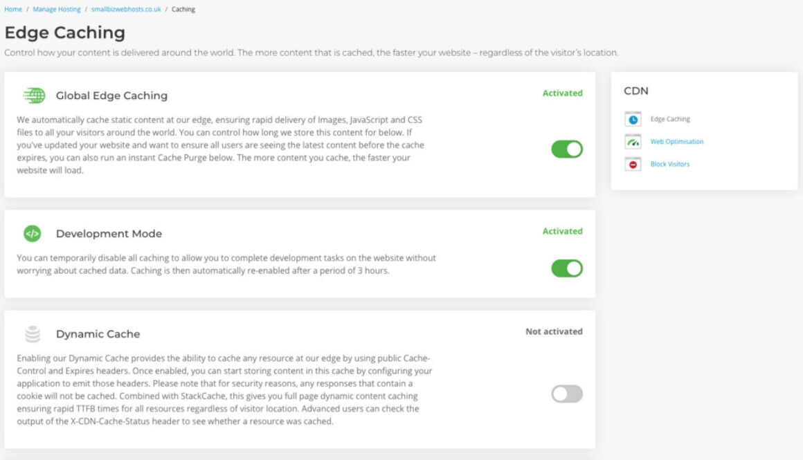 CDN and Edge Caching interface in the control panel